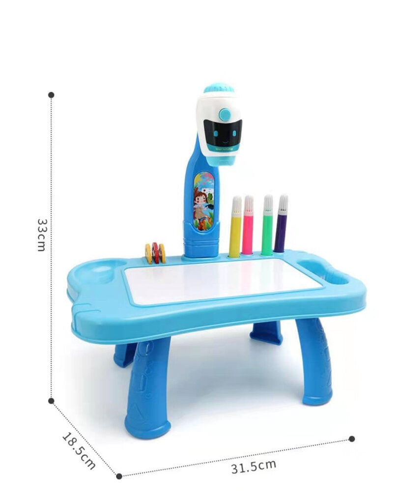 Bērnu zīmešanas galda komplekts ar marķieriem un projekcijas diskiem 33cm x 18.5cm x 31cmuz balta foona