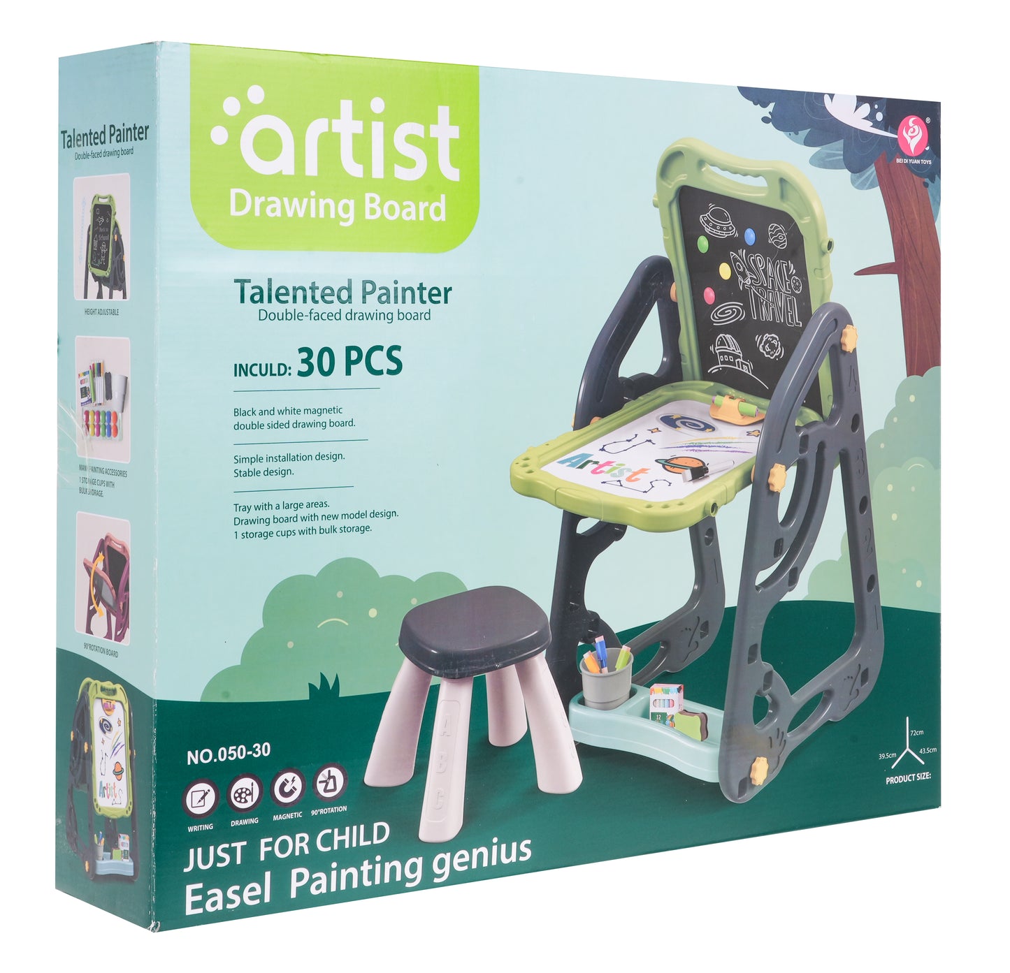 Daudzfunkcionāla 2-in-1 tāfele bērniem ar tabureti (krīta + magnētiskā) + aksesuāri, 3+