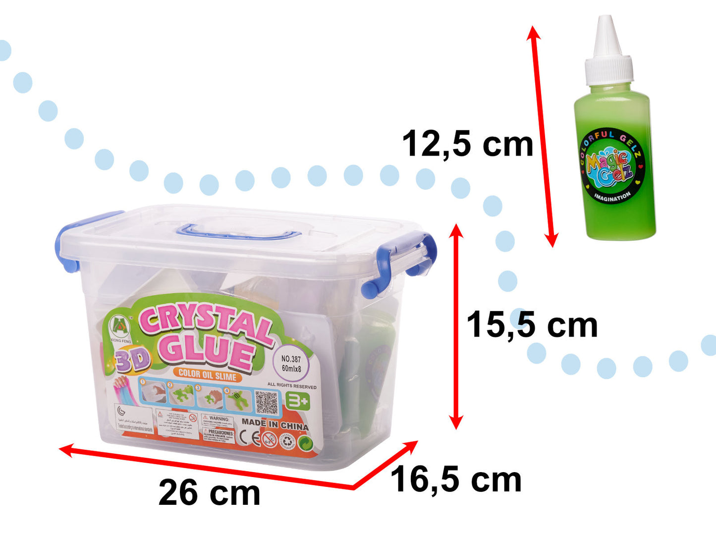 3D Crystal Glue komplekta kaste ar izmēriem 26x16,5x15,5 cm un līmes pudelīte 12,5 cm