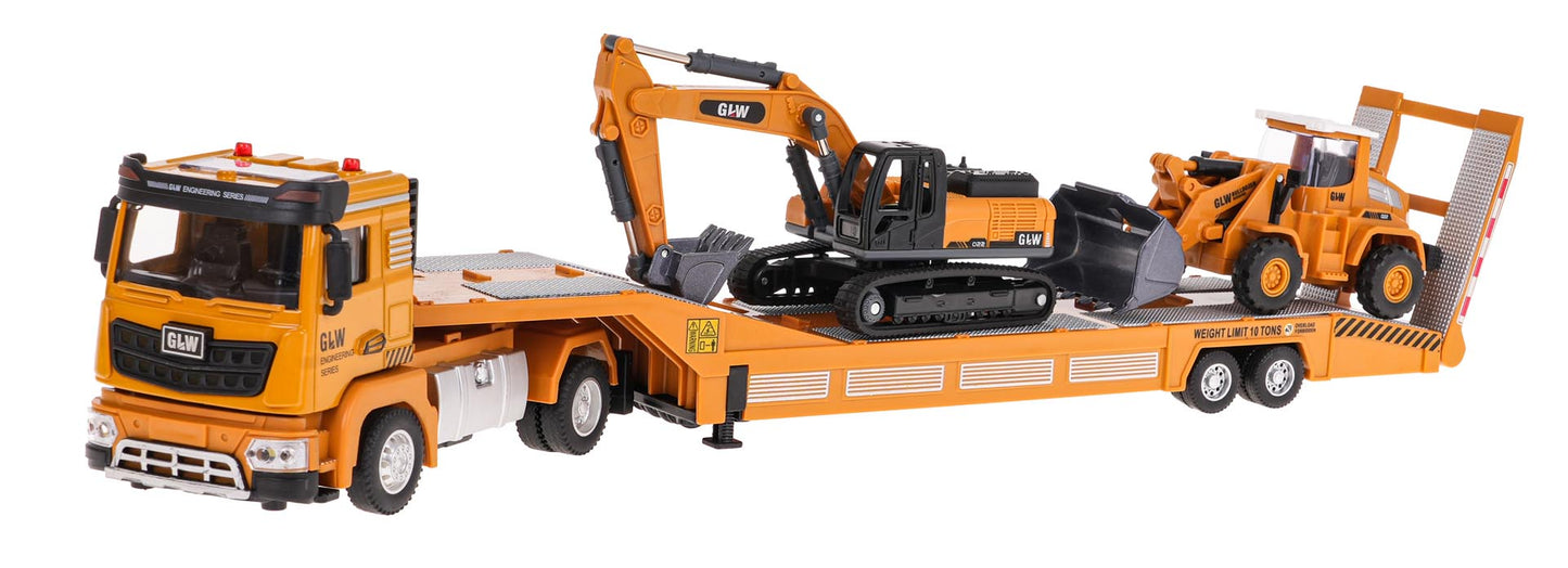 Celtniecības transportlīdzekļu komplekts ar evakuatoru, ekskavatoru un buldozeru (1:40)