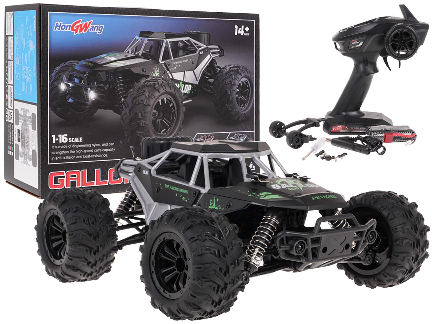 Radiovadāms apvidus auto GALLOP 1:16 (4WD, LED) melns/zaļš, 14+