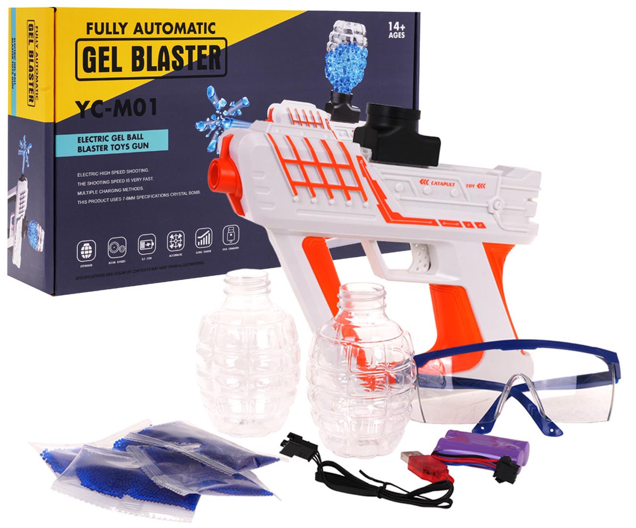 Automātiskā bērnu rotaļu pistole ar hidrogēla bumbiņām, aizsargbrillēm, USB kabeli (GEL BLASTER)