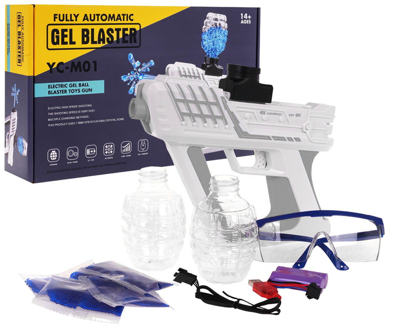 Automātiskā bērnu rotaļu pistole ar hidrogēla bumbiņām, aizsargbrillēm, USB kabeli (GEL BLASTER)