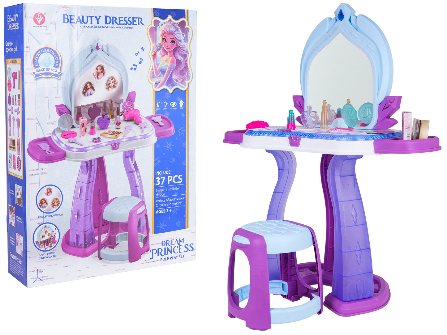 Tualetes galdiņš ar gaismām un skaņām (37 aksesuāri) + taburete, 3+