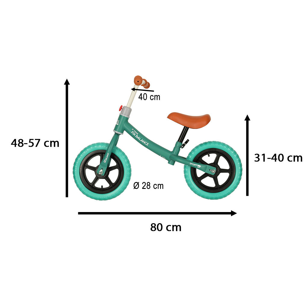 Tirkīzzils līdzsvara velosipēds ar izmēriem 48-57cm x 80cm x 31-40cm uz balta fona