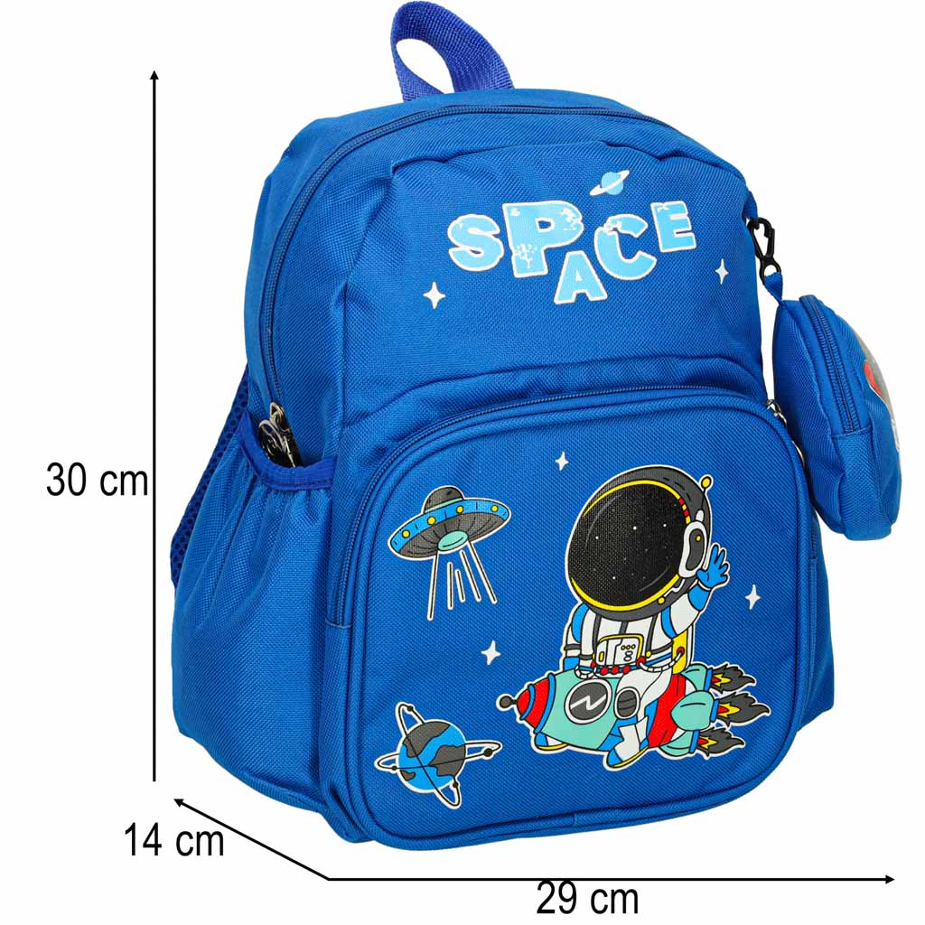 attēloti somas izmēri 30x14x29 zila bērnudarza skolas mugursouma astronout