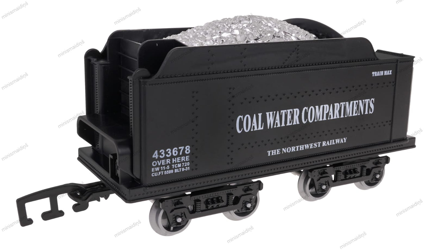 Melns rotaļu vagons ar sudraba oglēm un uzrakstu “Coal Water Compartments”