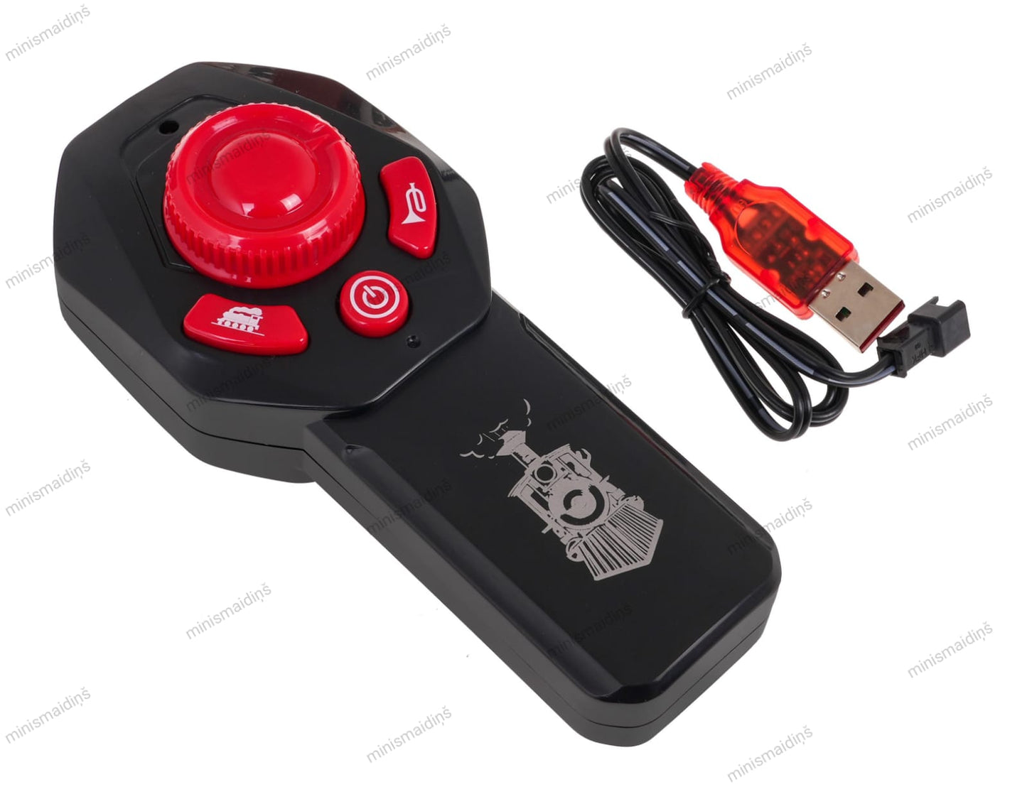 Melna tālvadības pults ar sarkanām pogām un USB uzlādes kabeli rotaļu vilcienam