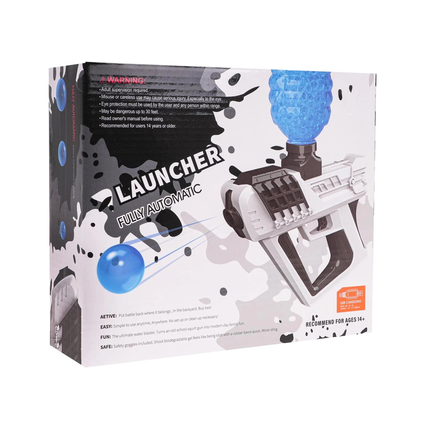 Gēla bumbiņu ieroča Gelblaster iepakojums uz balta fona vortex 7.4v