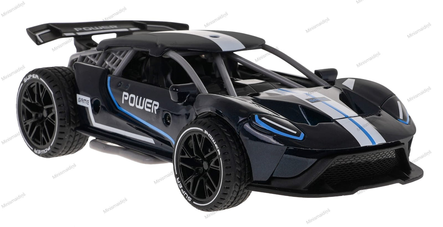 Metāla uzvelkama automašīna POWER ar skaņas efektu, gumijas riepām, melns-zils
