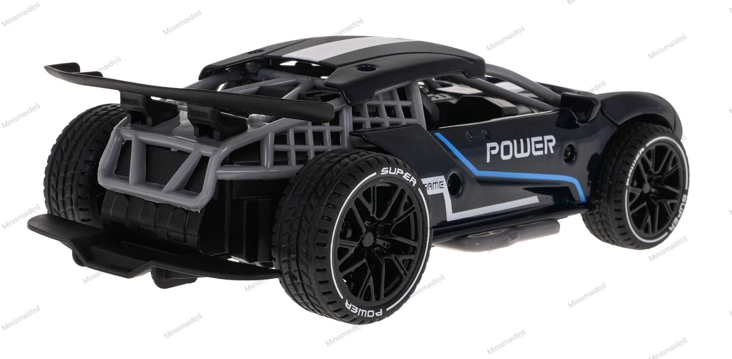 Metāla uzvelkama automašīna POWER ar skaņas efektu, gumijas riepām, melns-zils