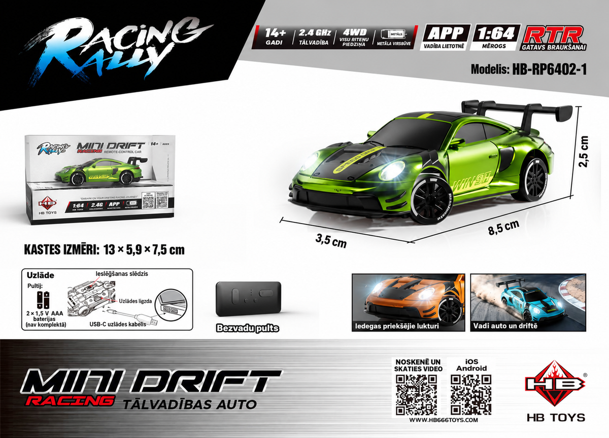 Mini RC drifta auto 1:64 4WD ar APP vadību un gaismām – zaļš