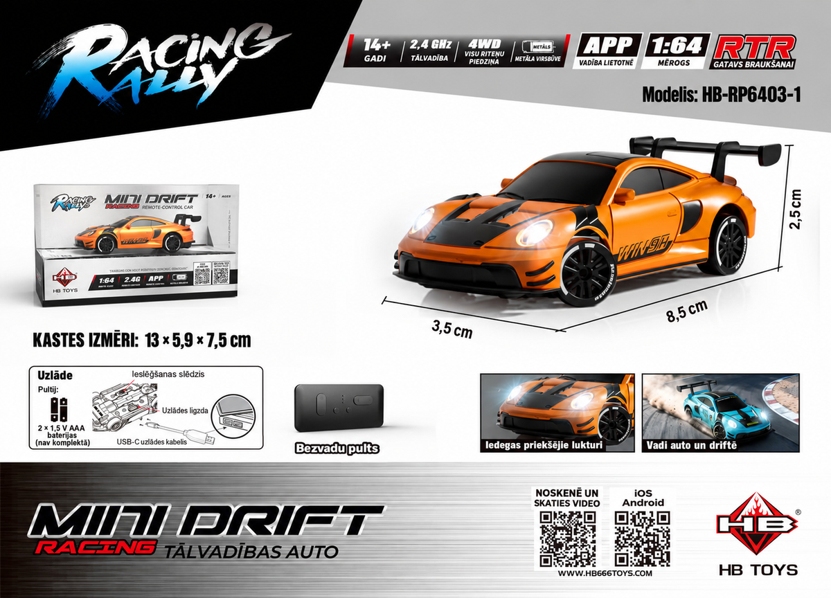 Mini RC drifta auto 1:64 4WD ar APP vadību un gaismām – oranžs