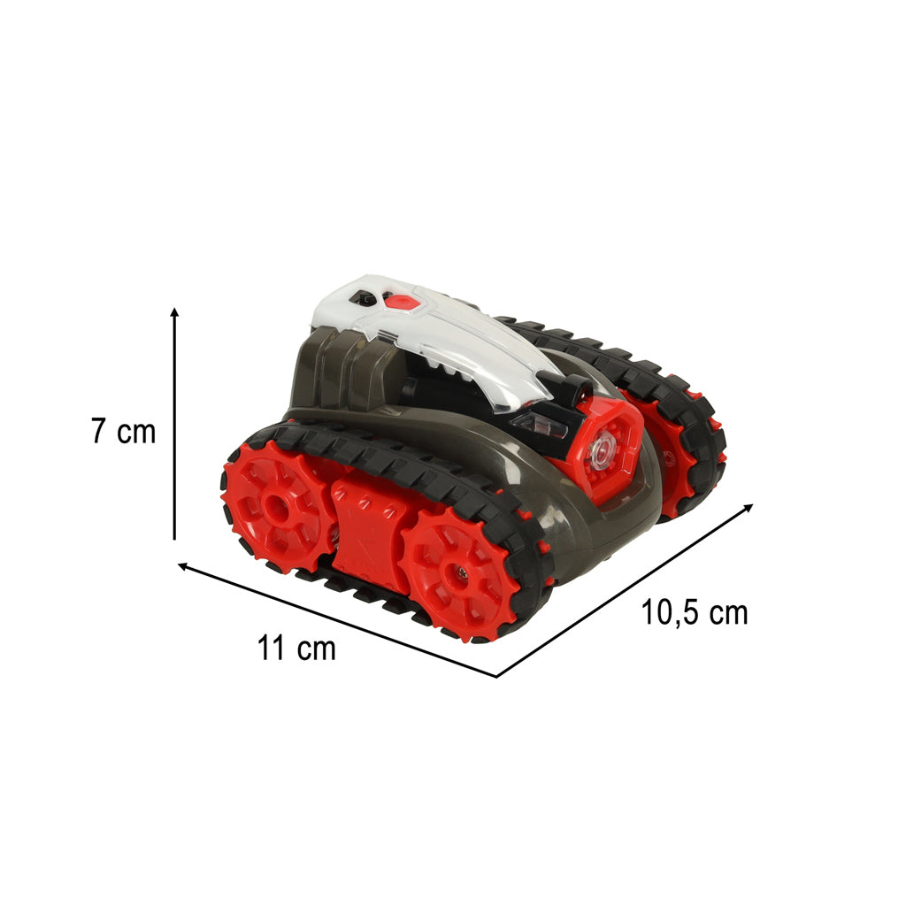 RC lāzer tanks uz balta fona attēloti izmēri 7cm x 11cm x 10.5cm