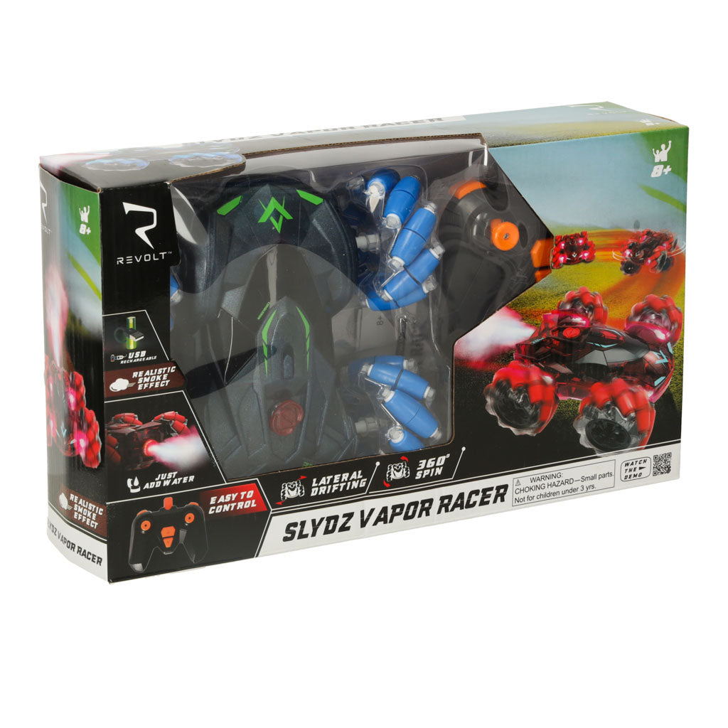 Rotaļlietu komplekts kastē ar "Slydz Vapor Racer" zīmolu uz balta fona