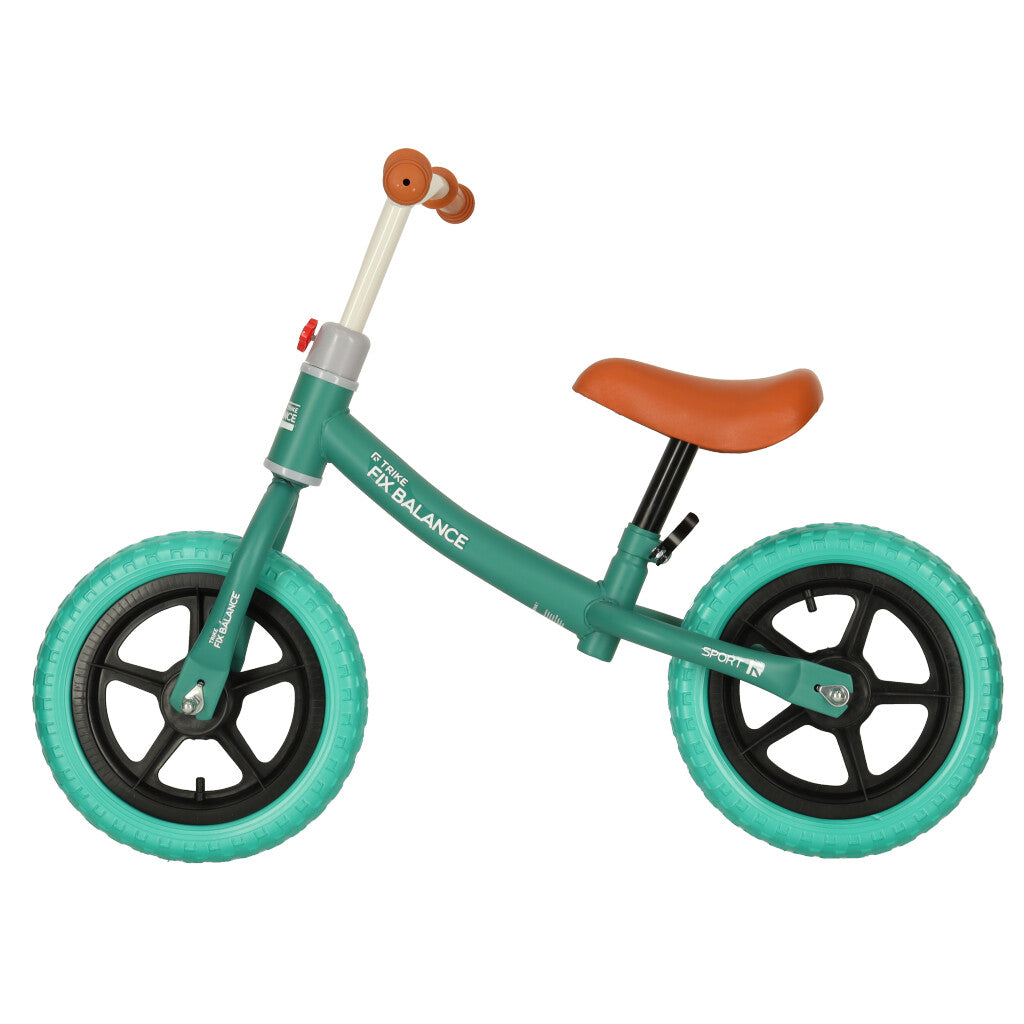 Tirkīzzils līdzsvara velosipēds ar redzamu logo trike fix balance uz bala fona