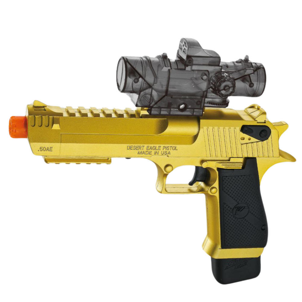 Zelta rotaļu gel blaster pistole ar melnu rokturi un oranžu uzgali uz balta fona.