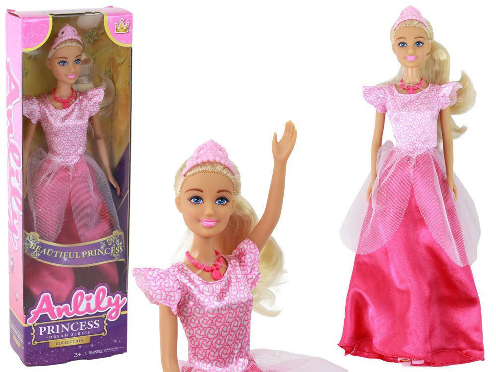 Anlily princese 30 cm lelle rozā kleitā ar kroni un kaklarotu; redzama kaste un lelle tuvplānā.