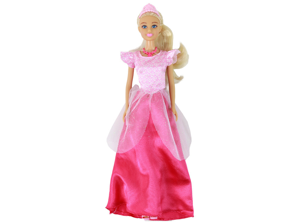 Anlily princese lelle pilnā augumā garā rozā kleitā ar kroni un gariem blondiem matiem.