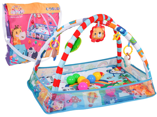 Zīdaiņu spēļu paklājiņš ar arkām, noņemamiem piekariņiem un bumbiņām, somas tipa iepakojumā