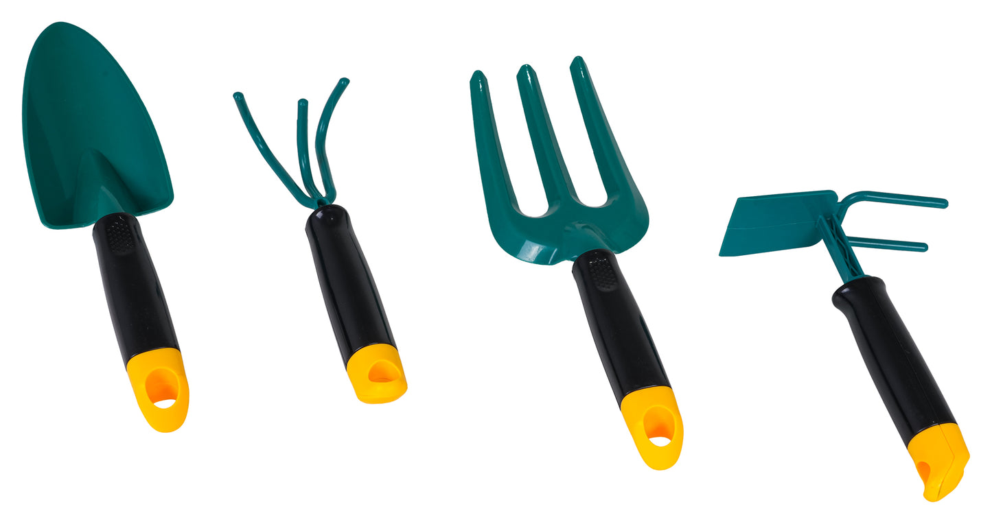 Bērnu dārza instrumenti – lāpstiņa, rokas kultivators, dakša un grābeklītis