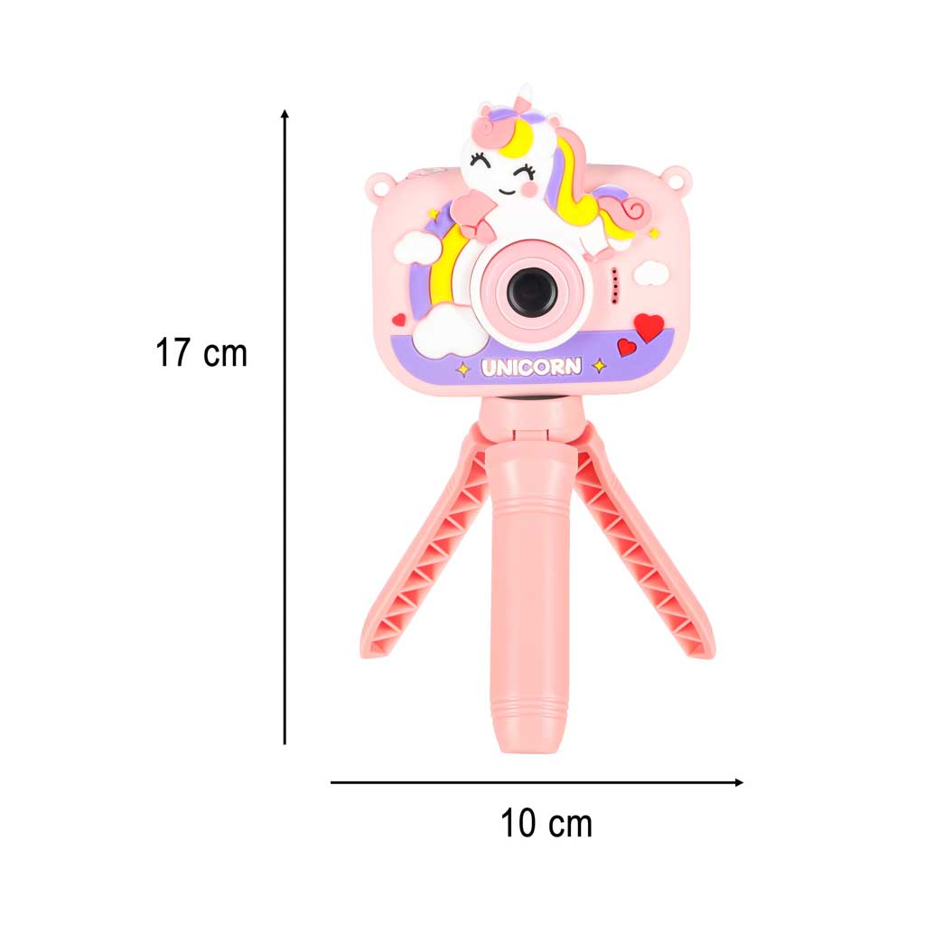 Rozā bērnu digitālā fotokamera ar vienradža dizainu uz mini statīva – izmēri 17 cm x 10 cm