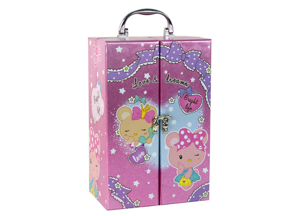 Rozā bērnu kosmētikas koferis ar multiplikāciju tēliem uz vāka
