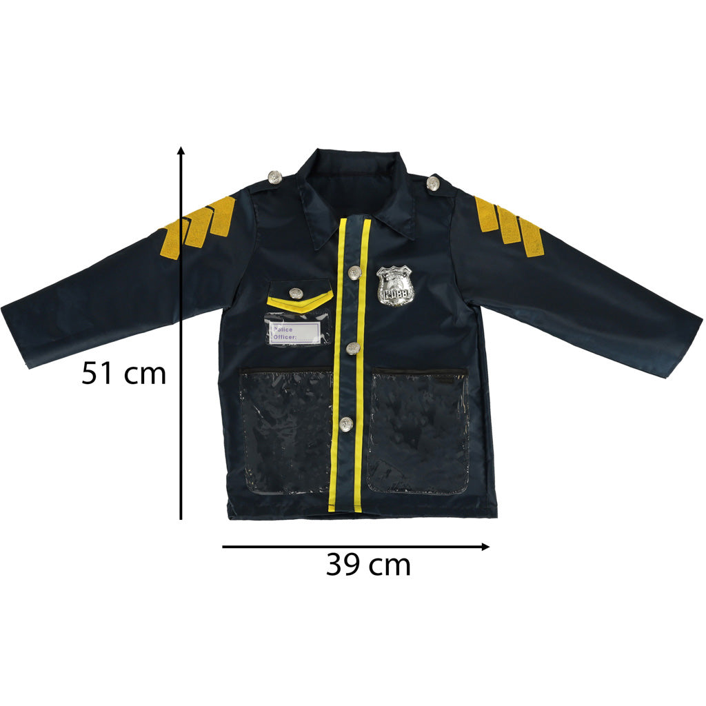 Bērnu policista karnevāla jaka – tumši zila ar dzeltenām svītrām, žetonu un divām kabatām; izmēri: augstums 51 cm, platums 39 cm.