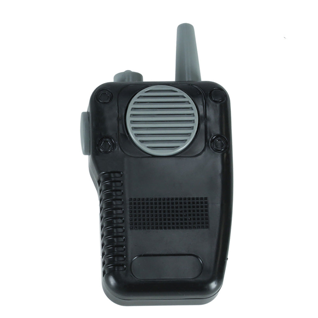 Bērnu rotaļu policista rācija (walkie-talkie) – melna ar pelēku skaļruni un antenu, karnevāla aksesuārs.