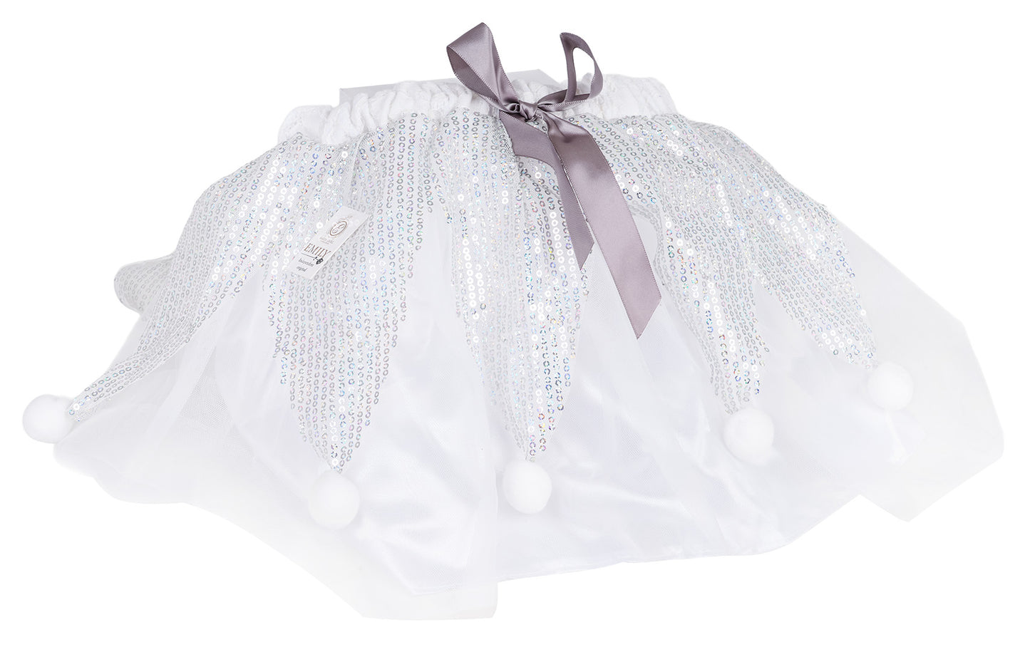 Bērnu svārki ar baltu tilla audumu, spīguļotiem sudraba rakstiem, baltām bumbiņām un pelēku lenti