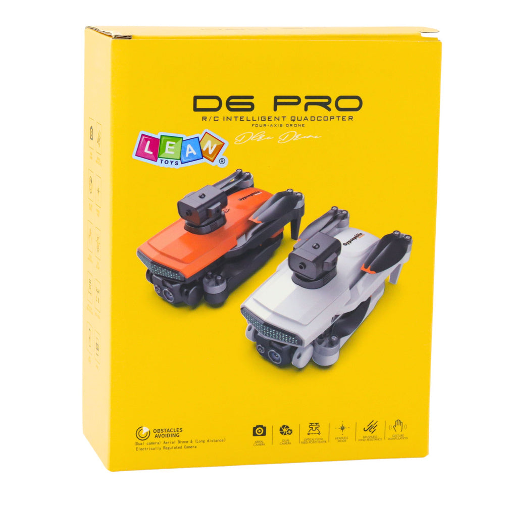 D6 PRO drons — dzeltena kaste ar salokāta drona attēliem (oranžs un gaiši pelēks) un funkciju ikonām priekšpusē.
