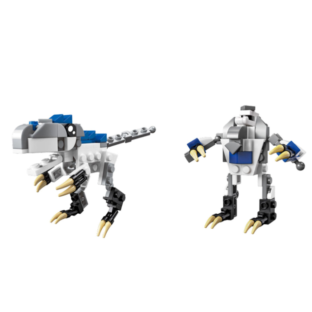 Dino 2in1 komplekts — balti pelēks dinozaurs ar ziliem akcentiem un robots ar gariem nagiem.