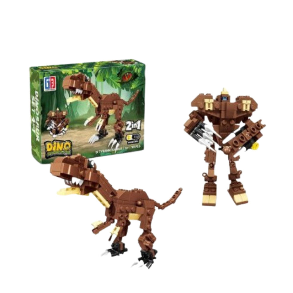 Dino 2in1 komplekts brūns T-Rex dinozaurs un robots; blakus redzama kaste.