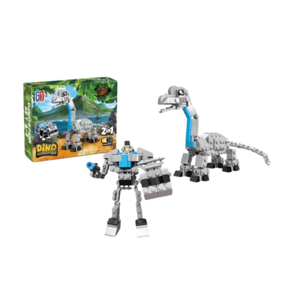 Dino 2in1 komplekts pelēks-zils garakakla dinozaurs un robots; blakus redzama kaste.