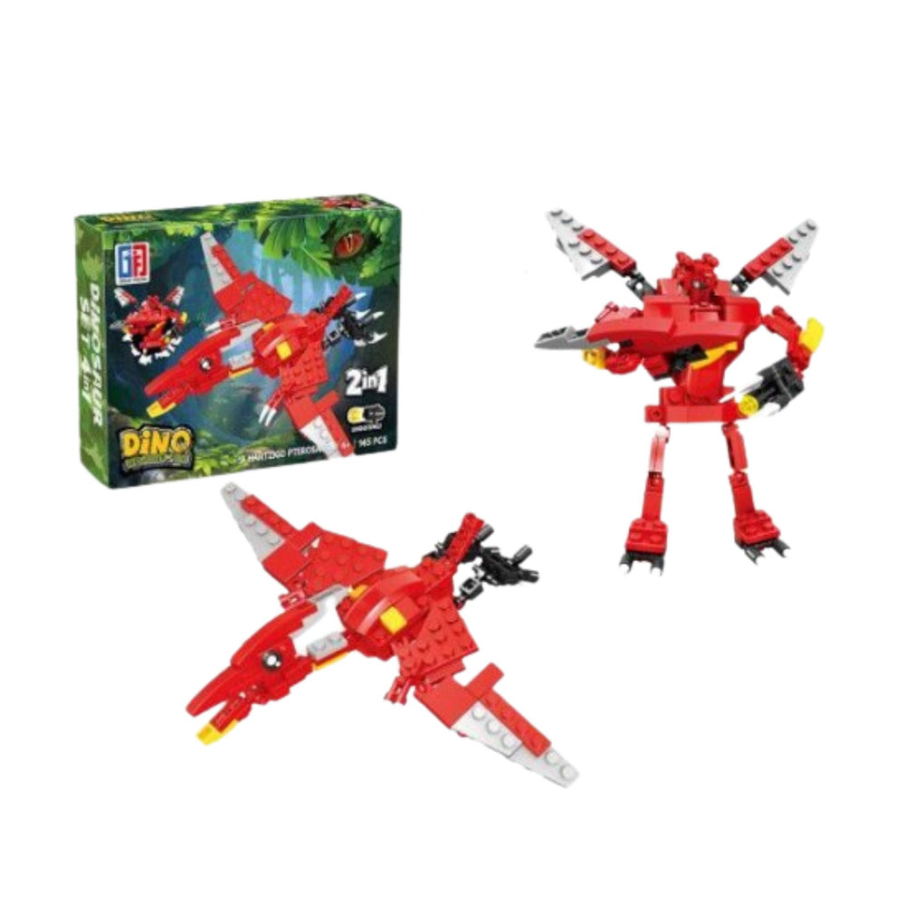 Dino 2in1 komplekts sarkans pterodaktils un robots; blakus redzama kaste.
