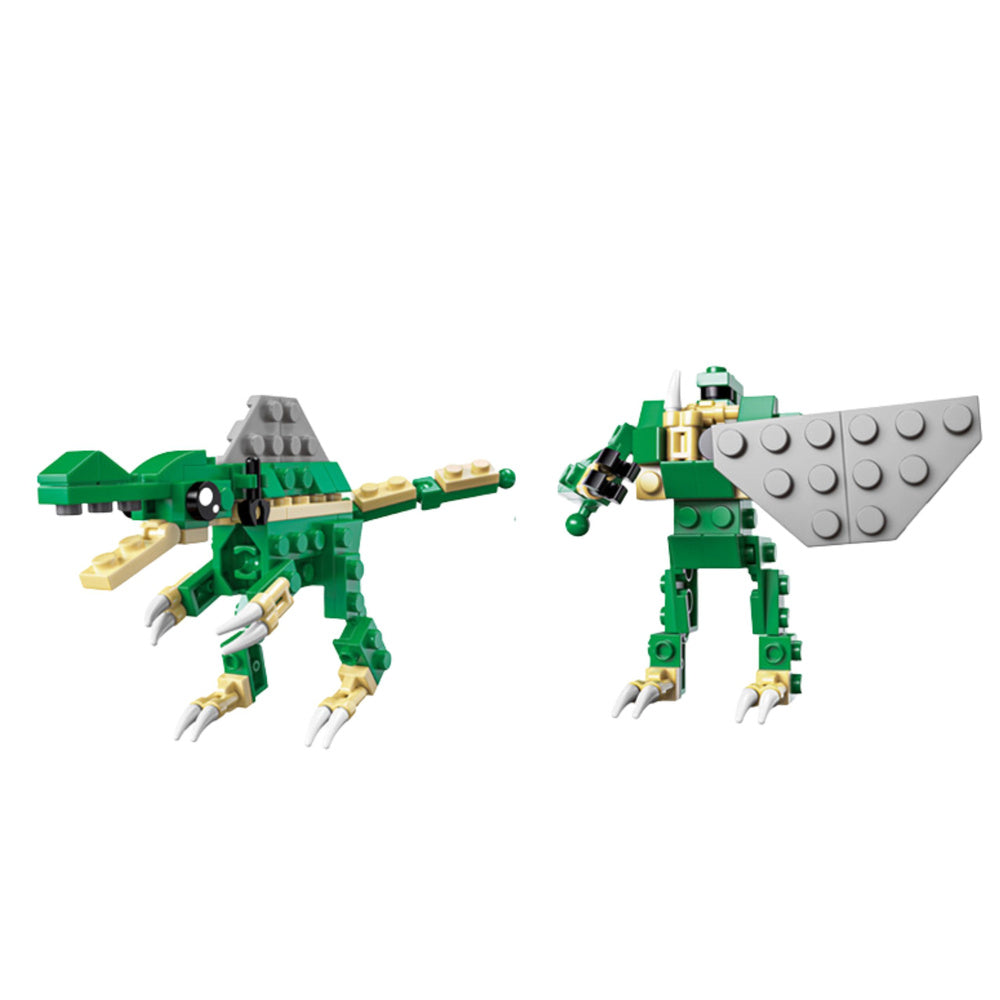 Dino 2in1 komplekts zaļš dinozaurs un robots ar lielu pelēku vairogu.