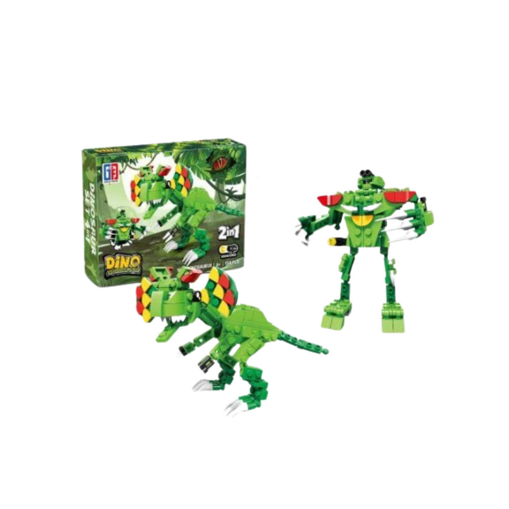 Dino 2in1 komplekts zaļš dinozaurs ar krāsainu apkakli (frillu) un robots; blakus redzama kaste.