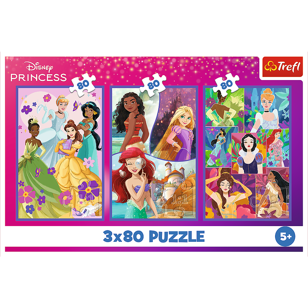 Disney princeses 3x80 puzle Trefl bērniem no 5 gadiem oriģinālajā iepakojumā