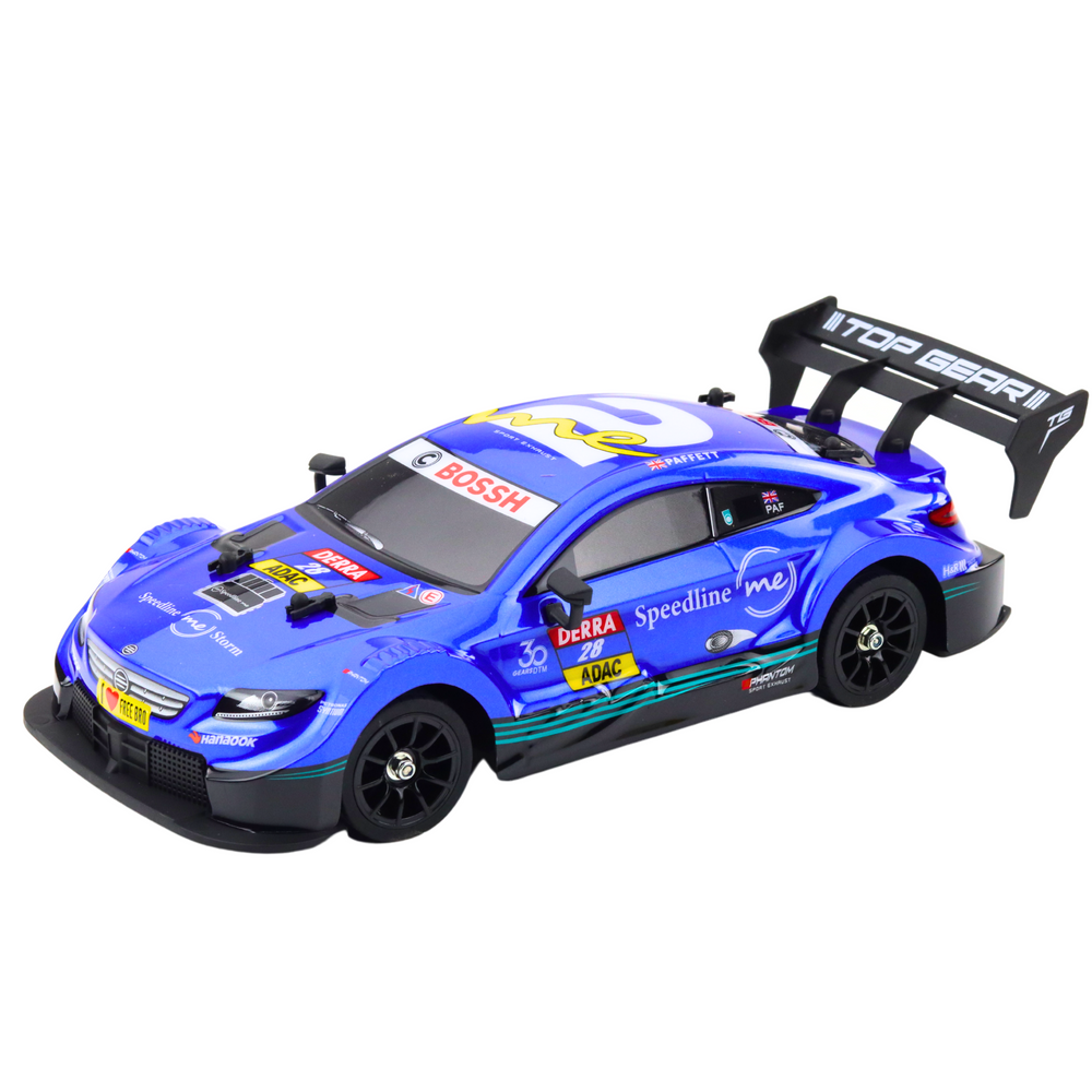 Zils drift RC auto 1:16 – sacīkšu modelis ar lielu aizmugures spārnu