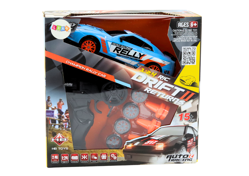 Drifta mašīna ar tālvadības pulti 2,4 Ghz , mērogs 1:24, gaiši zila , ar maināmiem riteņiem, oranži konusi