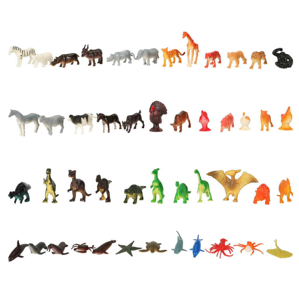 48 mini dzīvnieku figūriņas rindās safari, mājas, jūras dzīvnieki un dinozauri