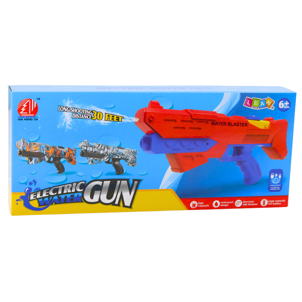 elektriskās ūdens pistoles iepakojums zils ar sarkanu šauj līdz
10m darbojas ar 3.7v akmulatoru