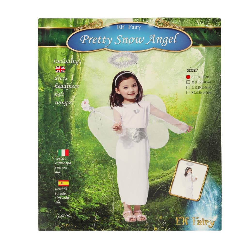 Bērnu eņģeļa kostīma “Pretty Snow Angel” (Elf Fairy) iepakojums ar kleitu, jostu, spārniem un oreola stīpu
