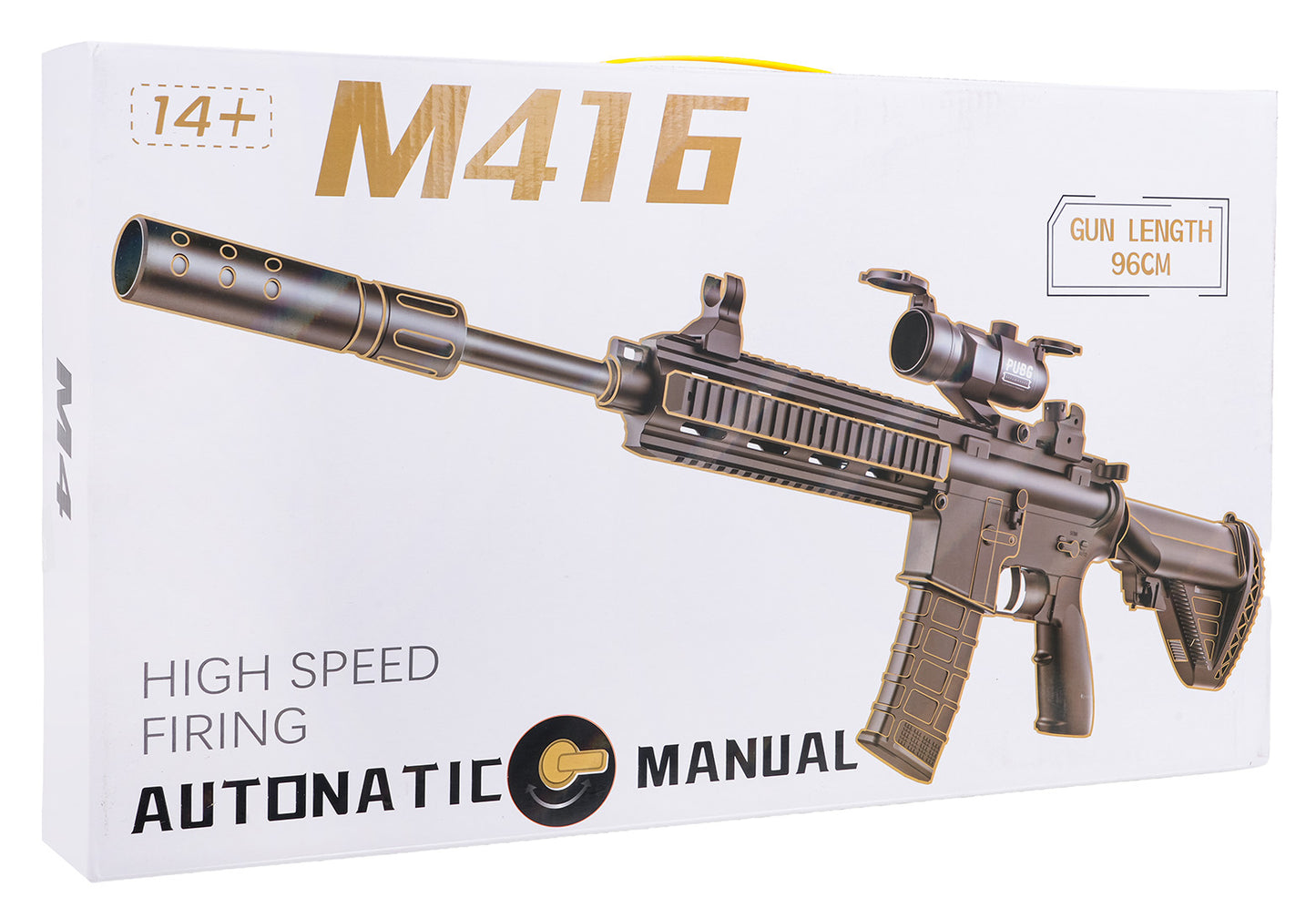 M416 rotaļu gel blaster iepakojums ar 96 cm garuma norādi un tēmēkli uz kastes attēla