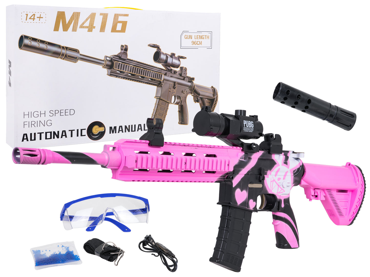 Rozā rotaļu gel blaster pistole M416 ar tēmēkli, brillēm un piederumiem