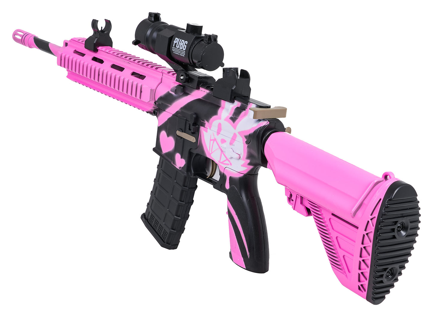 Rozā M416 rotaļu gel blaster ar tēmēkli un sirds dizainu uz sāniem