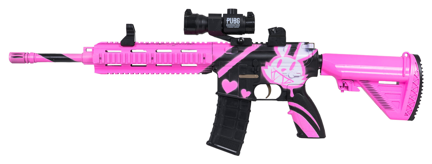 Rozā M416 rotaļu gel blaster ar melniem akcentiem un tēmēkli