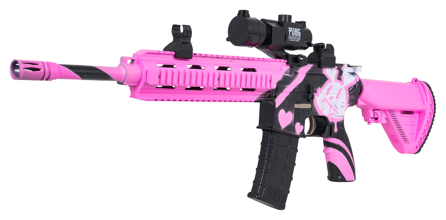 Rozā un melns M416 gel blaster ar optisko tēmēkli un dizainu sirds formā