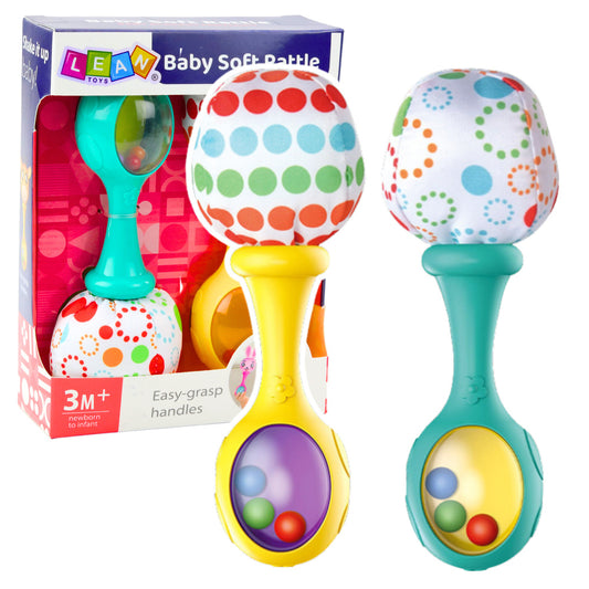 Grabulīšu komplekts 3m+ — iepakojums un divi grabuļi ar mīkstu tekstila bumbiņu