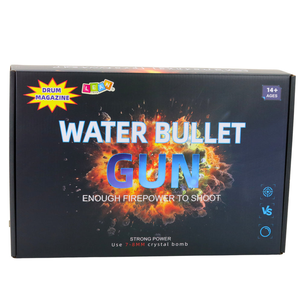 Gel blaster triecienšautenes iepakojuma komplekts melna kaste ar zilu uzrakstu gun uzrakstu 14+